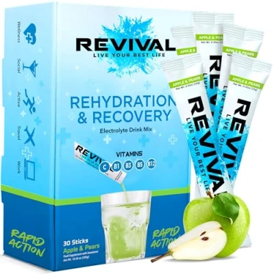Image of Revival Rapid Rehydration Electrolytes Powder High Strength Vitamin C, B1, B3, B5, B12 Supplement Sachet Drink, Effervescent Electrolyte Hydration Tablets 30 Pack Apple Pear