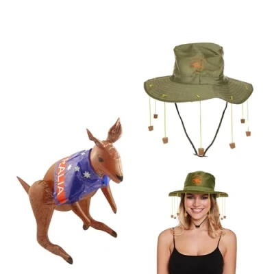 Image of Lizzy Adult Australian Cork Hat with Inflatable Kangaroo Flag Print (70cm) for Australia Day Crocodile Hunter Man Dundee Fancy Style Dress Party Accessories