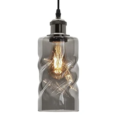 Image of Retro Vintage Glass Pendant Light Grey Smoked Ceiling Lamp Shade Twisted Antique Black Nickel Holder M0242