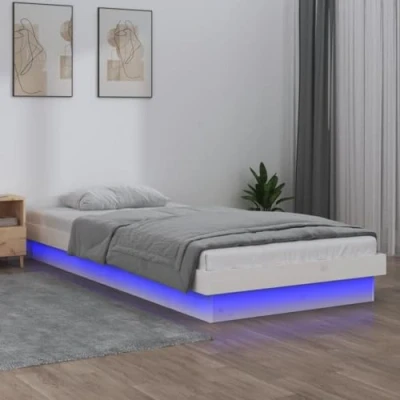 Image of vidaXL LED Wooden Bed Frame, Solid Pinewood, Single Bed, Modern Platform with Colourful Lights, White Finish