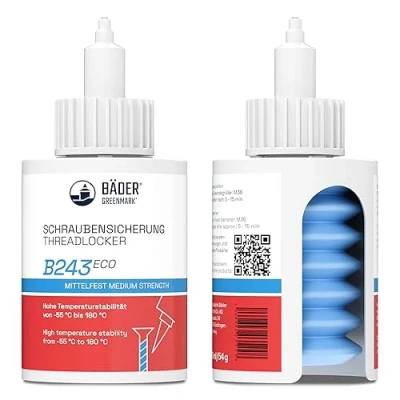 Image of BÄDER Threadlocker B243Eco Medium Strength Blue 50ml Bottle High Temperature Resistant, Fluorescent Works on All Metals and Threads, for Large Threads Quality Made in Germany