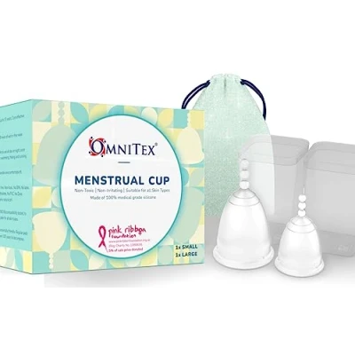 Image of 2pk Omnitex Menstrual Cups for Breast Cancer 100% Pure Medical Grade Silicone Safe Eco Friendly Tampon &amp; Pad Alternative Non Toxic ISO10993 Tested BPA Latex Free, Mix Pack Small Large Cup