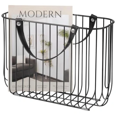 Image of eluno Newspaper Rack Metal with Leather Handles, Approx. 36 x 26.5 15.5 (W H D) (chrome)