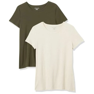 Image of Amazon Essentials Women&#039;s Classic Fit Short Sleeve Crewneck T Shirt, Pack of 2, Oatmeal Heather/Olive, L