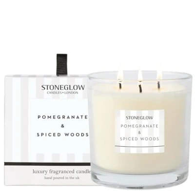 Image of Stoneglow Modern Classics Collection Pomegranate &amp; Spiced Woods 3 Wick Scented Candle 760 Grams (White)