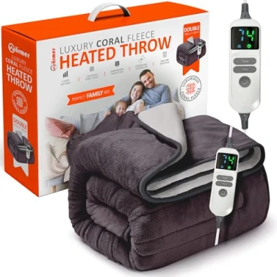 Image of Wärmer Electric Heated Throw Blanket Double 200cm x 180cm Digital Controller, 9 Hour Timer, Heat Settings, Auto Shutoff Machine Washable Grey