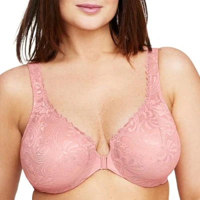 Image of Glamorise Full Figure Plus Size Wonderwire Front Closure Stretch Lace Bra Underwire #9245