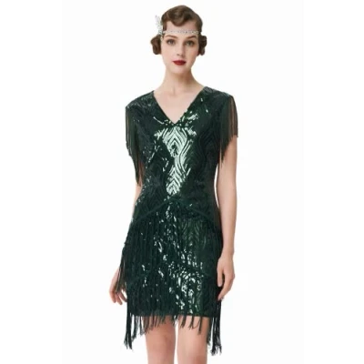 Image of BABEYOND 1920s Flapper Dress Fringed Sequin Roaring 20s Fancy Gatsby Costume V Neck Vintage Beaded Evening DarkGreen