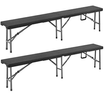Image of CASARIA® 2x 183cm Folding Beer Benches For Up To 8 People Polyrattan Look Plastic Foldable Camping Bench Set Carry Handle Outdoor Garden Dining BBQ Party Picnic Patio Furniture Black