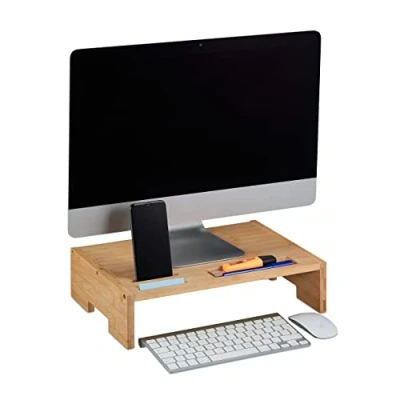 Image of Relaxdays Bamboo Monitor Stand, Compartments for Smartphone &amp; Utensils, Ergonomic Screen Holder, 10.5x41x28 cm, Natural, 10,5x41x28 cm
