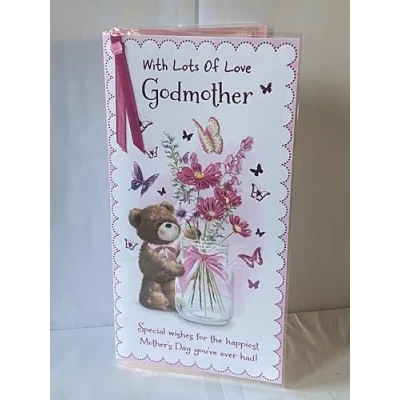 Image of With Lots Of Love Godmother Mother&#039;s Day Mothers Card Teddy/Flowers/Butterflies/Jar Ribbon/Foil Detail(PRELUDE47674)