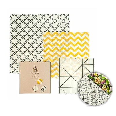 Image of SUPERBEE Beeswax Wrap for Food, Set of 3 Bees Wax Wraps, Reusable Paper Wrapping Vegetables, Cheese Paper, Bowl Covers and Sandwich Food Wraps Classic