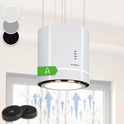 Image of Klarstein Hanging Island Cooker Hood, Extractor Fan for Kitchen Islands, 540m3/h Airflow, Timer, Adjustable with Futuristic Design, 3 Mode Hoods, Activated Carbon Filters
