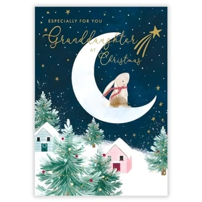 Image of Granddaughter Christmas Card Bunny Rabbit on the Moon Artistic Festive Design Special Finish and Illustrated Insert Leaf Made in UK Eco Friendly