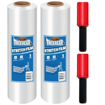 Image of TAPEBEAR Shrink Wrap with Handles, Clear Pallet 380mm x 230m, Stretch Wrapping Film Industrial Strength Plastic Water &amp; Moisture Proof for Moving House, Furniture, Carpet Protection, 2Rolls