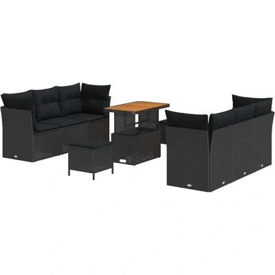Image of vidaXL 9 Piece Garden Sofa Set with Cushions Black Poly Rattan Acacia