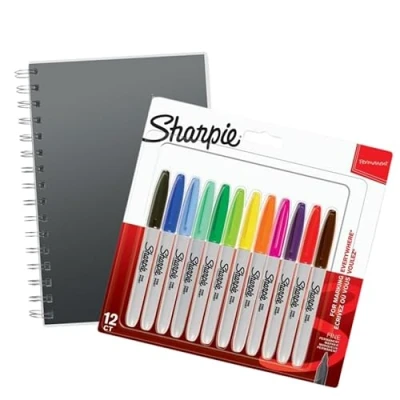 Image of SHARPIE Permanent Marker Set Fine Tip Blister Pack of 12 Markers + Notebook