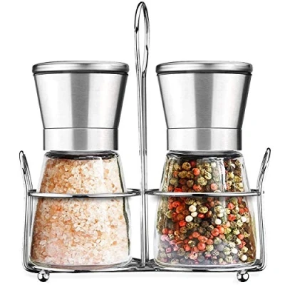Image of Salt and Pepper Grinder Set with Matching Stand, Amison Stainless Steel Adjustable Coarseness Mills of 2 Silver