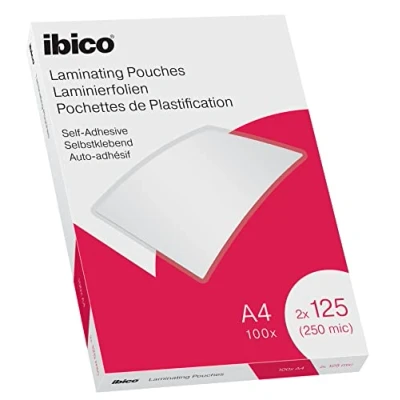Image of Ibico A4 Laminating Pouches, 250 Micron (2x125), High Document Protection &amp; Durability, Self Adhesive, Pack of 100, Gloss Finish, Crystal Clear, 627325