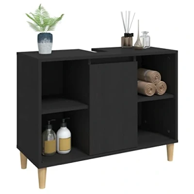 Image of Bathroom Under Sink Cabinet, Vanity Base Unit Storage Floor Cabinet Black 80x33x60 cm Engineered Wood