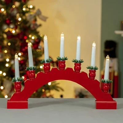 Image of Christmas Workshop 7 LED Red Arched Wooden Candle Bridge Large