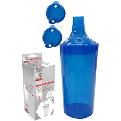 Image of Plastic Feeding Cup with 2 Lids Adult Feeder Beaker Large &amp; Small Spouts, Straw Holes Ideal for Liquids Blended Foods Easy to Hold, Spill Resistant, Perfect Home Hospital Use (Blue)