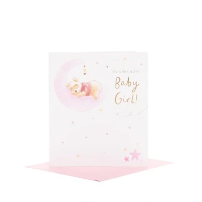 Image of Winnie The Pooh New Baby Girl Card for Him/Her/Friend Pink Moon Design