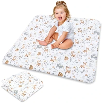 Image of Crawling mat for Baby Play 100x100 cm Padded Large Thick Foldable playpen Insert Made of Cotton Deer Light Gray