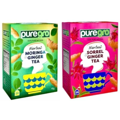 Image of Puregro Tea COMBO PACK Moringa &amp; Ginger and Sorrel (20 Bags) Each One (40g) Herbal 100% Pure Natural CAFFEINE FREE.