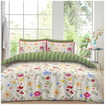 Image of GC GAVENO CAVAILIA Super Soft &amp; Cosy Reversible Striped Quilt Cover Set Light Weight Leafs Duvet Polycotton Botanical Bedding Double Multi