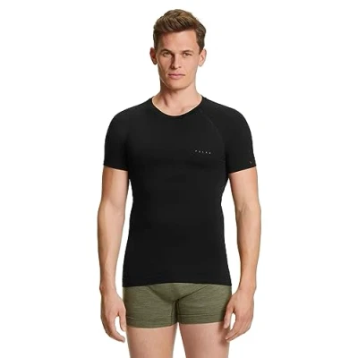 Image of FALKE Men&#039;s Wool Tech Light Round Neck M S/S TS Functional Yarn Quick Dry 1 Piece Base Layer Top, Black (Black 3000), XXL