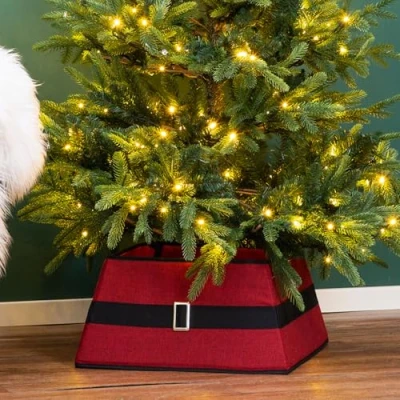 Image of Taylor &amp; Brown Christmas Tree Skirt Square Stand Base Xmas Natural Folding Collar Basket Cover Decoration Tidy Home Decor 48 x 25cm, Red with Black Belt