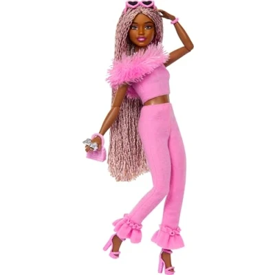Image of Barbie Deluxe Style Doll #4 in Barbiecore Outfit, Pink and Brown Braids, Soft Top Pant Set with Furry Collar Fun Accessories