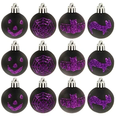 Image of Cackle &amp; Co 12 Pack Mini Halloween Tree Baubles Glittery Party Decoration 4cm Purple Black