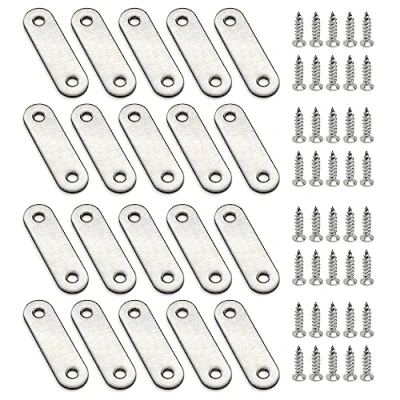 Image of Flat Straight Brackets, 20Pcs Stainless Steel Fixing Brace Brackets for Wood Joining Mending Plates with 40 Screws Repair Furniture (56 x16mm)
