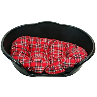 Image of KetoPlastics BLACK SMALL PLASTIC DOG BED WITH RED TARTAN CUSHION/HEAVY DUTY PET DOG/CAT/ANIMAL/SLEEP/BASKET MADE IN UK