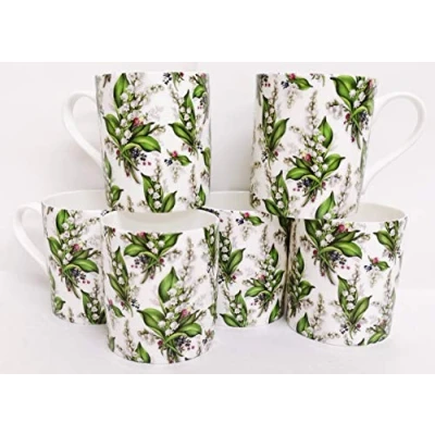 Image of Lily of The Valley Mugs Set 6 Balmoral Lilies Chintz Fine Bone China 9.5oz 275ml Cups Hand Decorated UK