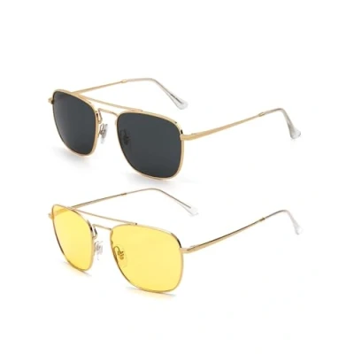 Image of Jim Halo 2 Pack Retro Square Sunglasses Premium Glass Lens Flat Metal Eyewear Men Women (Grey &amp; Night Driving Lens)