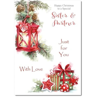 Image of doodlecards Sister &amp; Partner Christmas Card Lamp and Parcels Medium Size with Plain Envelope