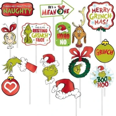 Image of Amscan 3901832 Traditional Grinch Photo Prop Kit, Multicolor