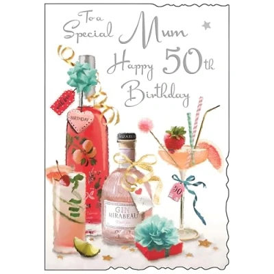 Image of Mum 50th Birthday Card Age 50 Special Fruit Cocktails Design Finishes and Illustrated Insert Leaf Made in the UK