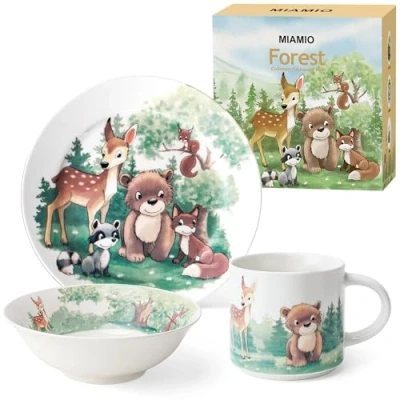 Image of MIAMIO Set of 3 Kids Dinnerware Set/Children Dishes, Dish Set, Children’s Tableware Includes Plate, Bowl and Cup for Toddler (Forest)