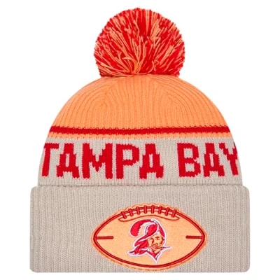 Image of New Era Tampa Bay Buccaneers NFL 2024 Sideline Historic Sport Knit Beige Yellow Bobble Hat