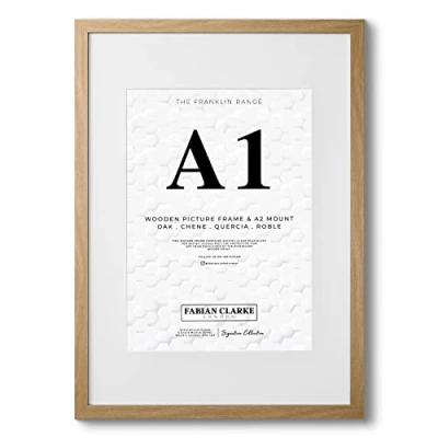 Image of Fabian Clarke London® A1 Modern Oak Wooden Picture Photo Frame with White A2 Mount to Hang Portrait or Landscape