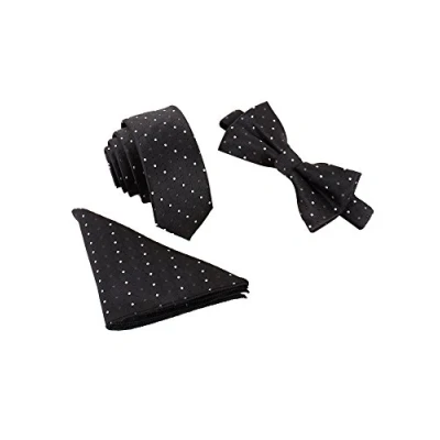 Image of WANYING Men Classic 6 * 12cm Bowtie &amp; 6cm Narrow Necktie 22 22cm Pocket Squares 3 in 1 Sets White Polka Dot Black