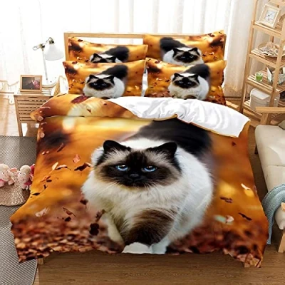 Image of Brown 3D Ragdoll Cat Adult Single Duvet Cover Set, Soft Microfiber Bedding Bed Set with Zipper Closure, Easy Care Reversible Quilt for Boys Girls + 2 Pillowcases 50x75cm 135x200 cm