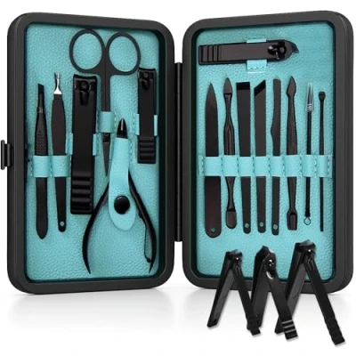 Image of Utopia Care 15 Pieces Manicure Set Stainless Steel Nail Clippers Pedicure Kit Professional Grooming Kits, Tools with Luxurious Travel Case (Black)