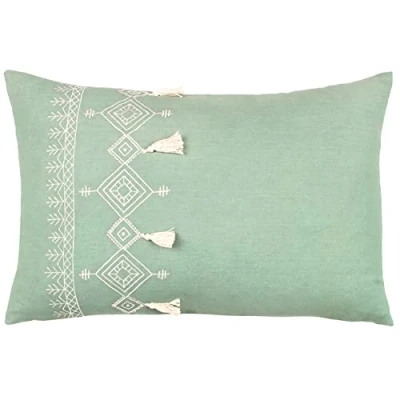 Image of furn. Pritta Cotton Embroidered Tasselled Feather Filled Cushion Green One Size