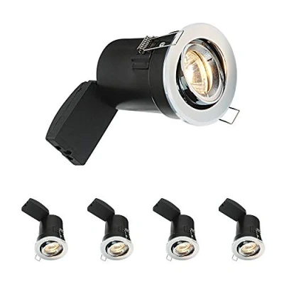 Image of Fire Rated Downlights, Chrome Adjustable Ceiling Lights, GU10 Halogen or LED, Dimmable Recessed Spotlights IP20 Pack of 4