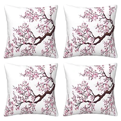 Image of Cherry Blossoms Tree Throw Pillow Cases 4 Pack Square Pillowcases Super Soft Protectors With Zipper For Couch Livingroom Sofa Bed Office Car,40x40 Cm
